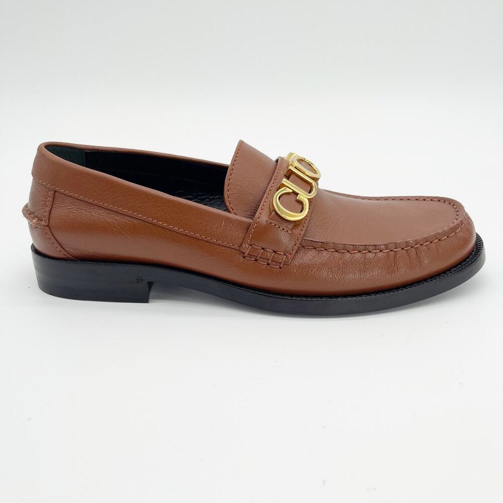 Gucci Cara Brown Pebbled Leather Gold Logo Hardware Loafers EU 38 - Picture 2 of 12